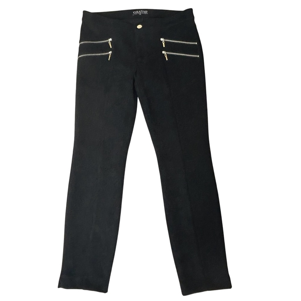Grayse Kelly & Marie Gray Black Suede‎ Straight Leg Pant Front Gold Zipper